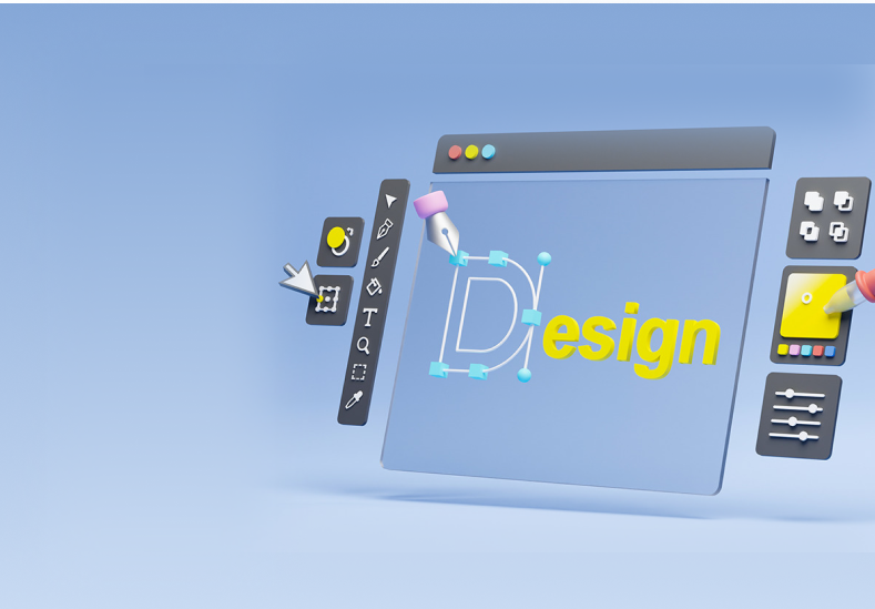 A 3D graphic of a design interface displaying the word "Design" with editing tools on either side, set against a light blue background.