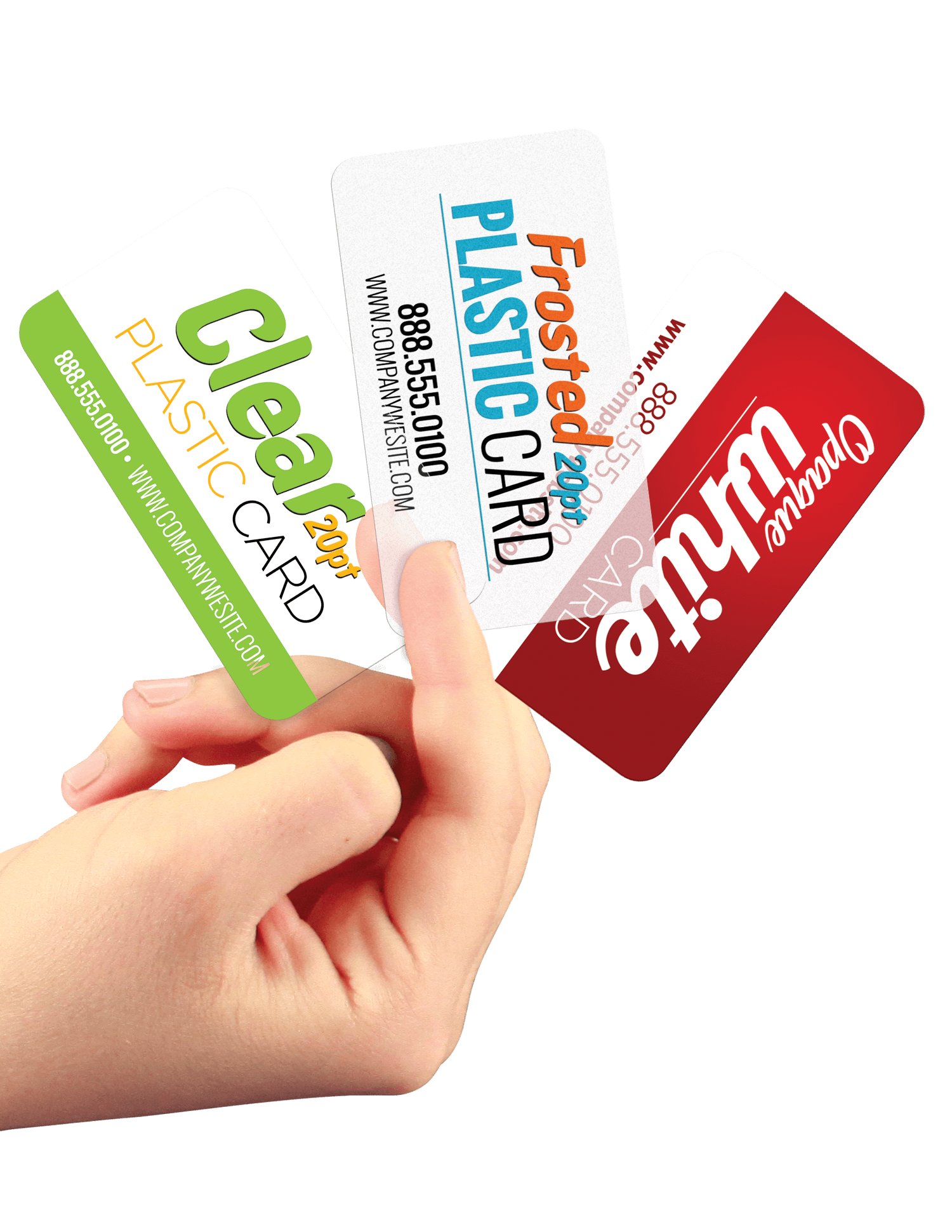 A hand holding three colorful plastic cards labeled "Clear," "Frosted," and "Opaque," showcasing different styles and contact information.