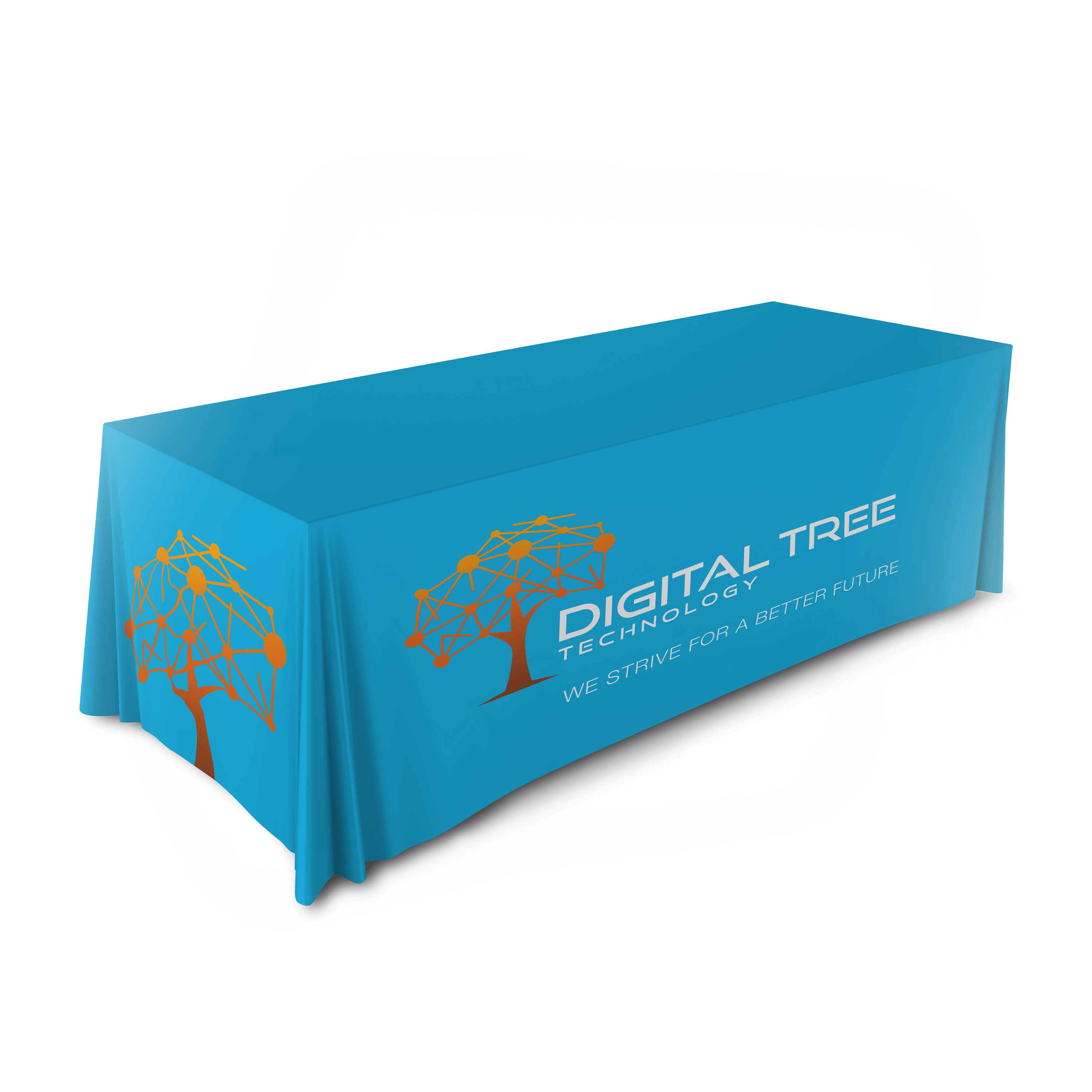 A blue tablecloth featuring the logo of Digital Tree Technology and the slogan "We strive for a better future."