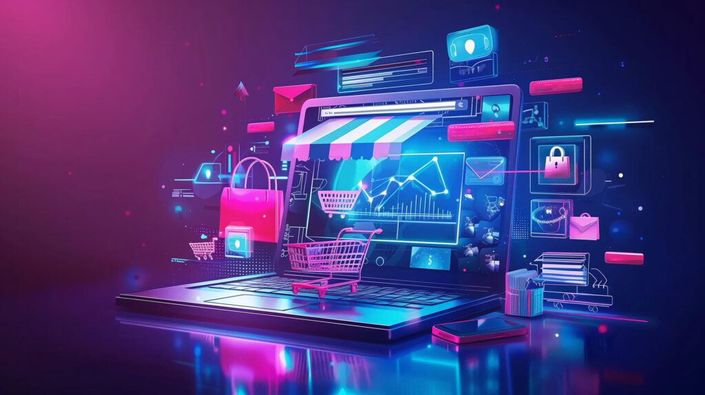 A virtual shopping concept featuring a laptop with a shopping cart, security icons, and colorful digital elements, symbolizing e-commerce.